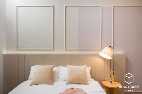 Condo bedroom interior design with light wood paneling and subtle decorative elements