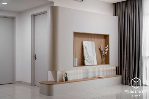 Minimalist condo interior design with elegant wooden shelves and soft lighting