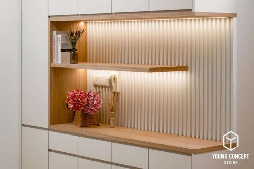 Contemporary condo interior design with neutral tones and sleek storage solutions