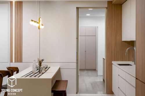 Condo interior design with soft wooden accents and ambient lighting