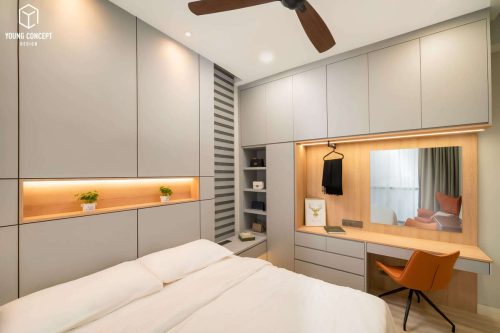 Exquisite luxury condo interior design in the master bedroom with plush textiles.